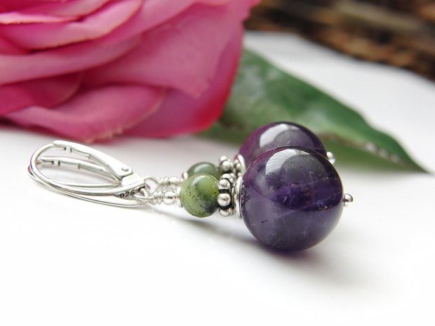 Zilveren Oorbellen met Amethist en Nefriet