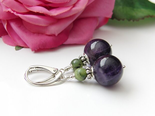 Zilveren Oorbellen met Amethist en Nefriet