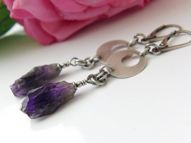 Zilveren Edelstenen Oorbellen met Ruwe Amethist