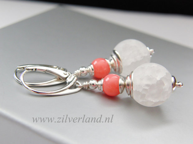 Sterling Zilveren Oorbellen met Bergkristal en Koraal
