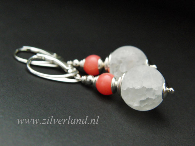 Sterling Zilveren Oorbellen met Bergkristal en Koraal