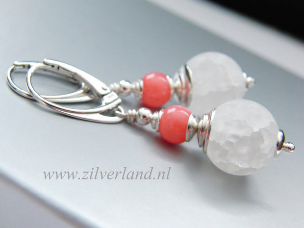 Sterling Zilveren Oorbellen met Bergkristal en Koraal