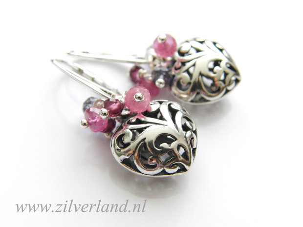 -Sterling Zilveren Oorbellen met Saffier, Ioliet en Granaat