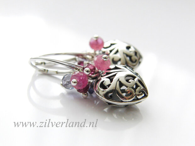 -Sterling Zilveren Oorbellen met Saffier, Ioliet en Granaat