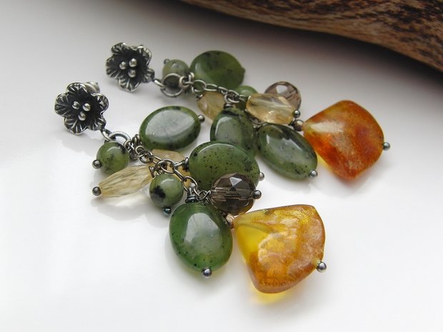 Edelstenen Oorbellen met Barnsteen en Nefriet 	