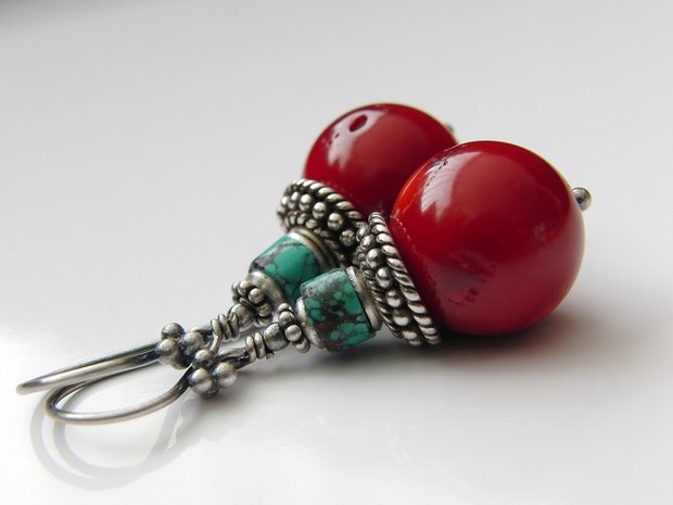 Zilveren Oorbellen met Koraal en Turkoois