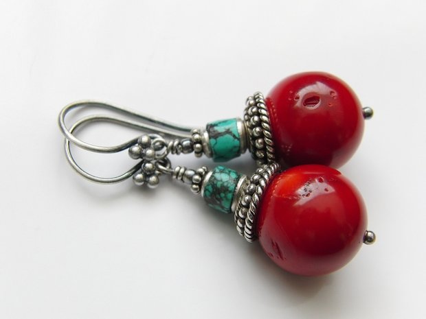 Zilveren Oorbellen met Koraal en Turkoois