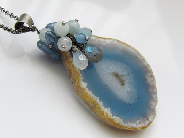 Zilveren Ketting met Agaat, Labradoriet, Maansteen en Kyaniet