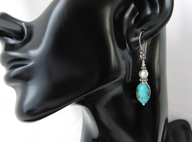 Zilveren Oorbellen met Turkoois en Zoetwaterparels