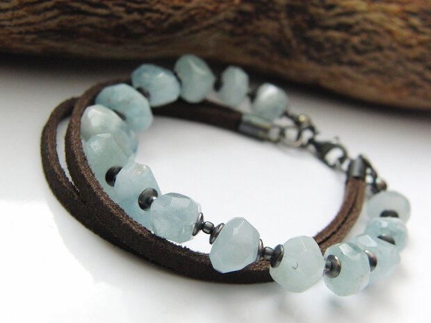 Zilveren Edelstenen Armband "Aquamarijn in Leder"