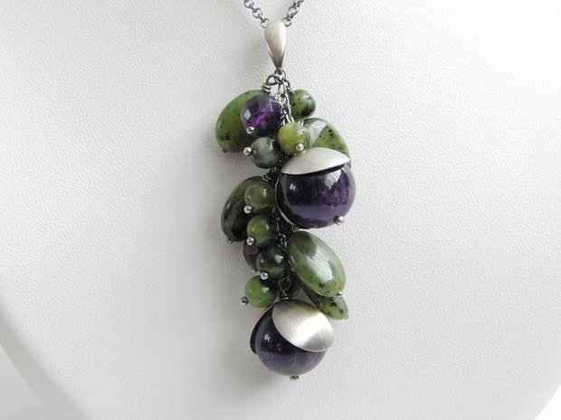 Zilveren Ketting met Amethist en Nefriet Edelstenen