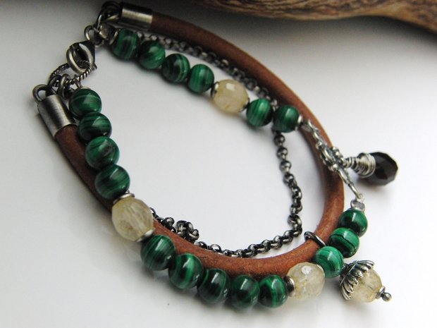 Armband met Edelstenen en Leerkoord "Malachiet Cirkels"