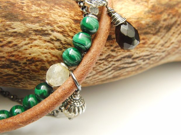 Armband met Edelstenen en Leerkoord "Malachiet Cirkels"