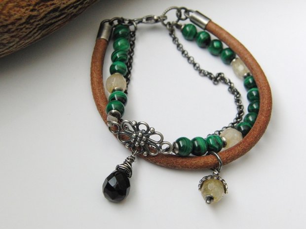 Armband met Edelstenen en Leerkoord "Malachiet Cirkels"