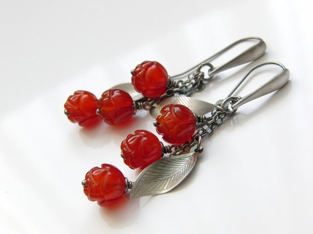 Zilveren Oorbellen met Carneool Edelstenen "Roosjes"