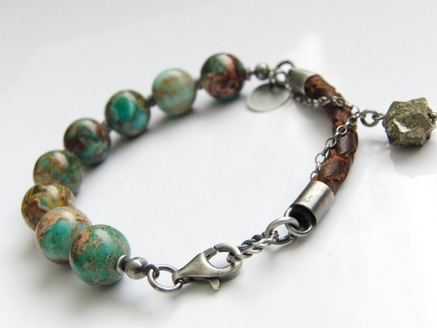 Edelstenen Armband met Sea Sediment Jaspis en Leer