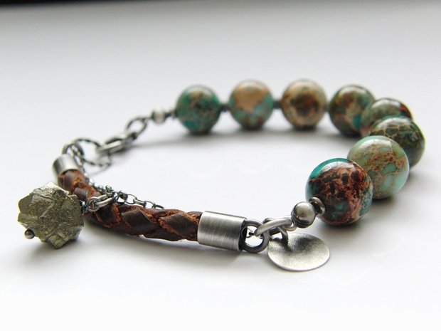 Edelstenen Armband met Sea Sediment Jaspis en Leer