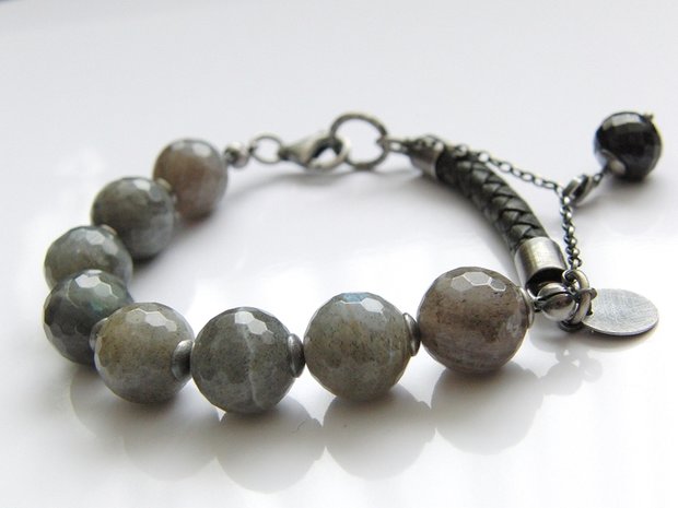 Zilveren Edelstenen Armband met Labradoriet en Leer