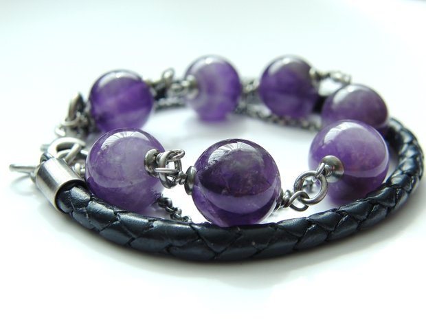 Zilveren Edelstenen Armband "Amethist in Leder"