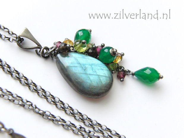 Handgemaakte Zilveren Ketting met Labradoriet en Groene Onyx