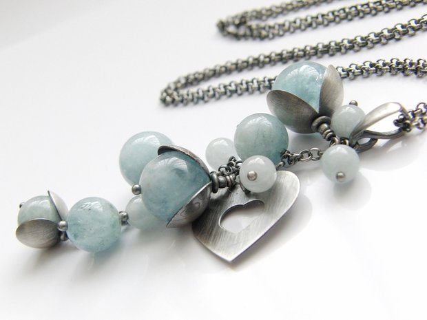 Sterling Zilveren Ketting "Hart in Aquamarijn"