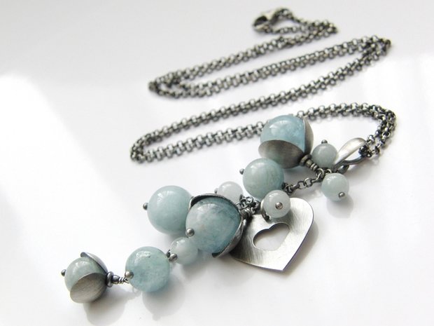 Sterling Zilveren Ketting "Hart in Aquamarijn"