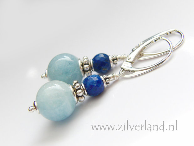 Handgemaakte Zilveren Oorbellen met Aquamarijn en Lapis Lazuli