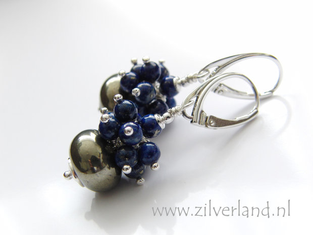 Handgemaakte Zilveren Oorbellen met Pyriet en Lapis Lazuli