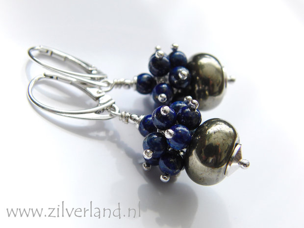 Handgemaakte Zilveren Oorbellen met Pyriet en Lapis Lazuli