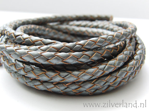 20cm Gevlochten 6mm Leerkoord- Metallic Grijs