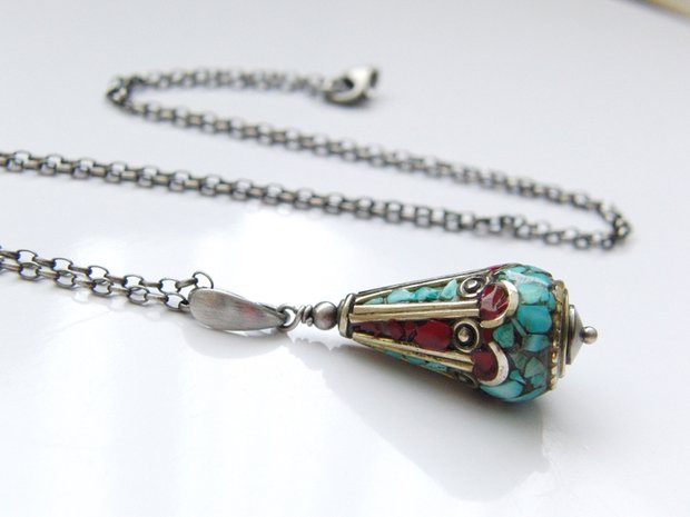 Sterling Zilveren Ketting met Handgemaakte Kraal uit Tibet