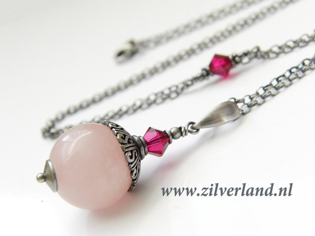 Sterling Zilveren Ketting met Rozenkwarts en Swarovski