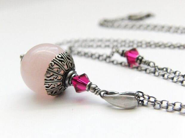 Sterling Zilveren Ketting met Rozenkwarts en Swarovski