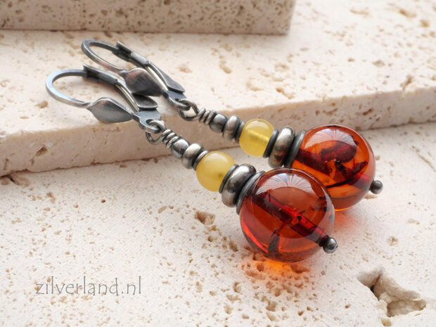 Handgemaakte Oorbellen met Cognac Barnsteen en Lichte Amber- Zilver 925