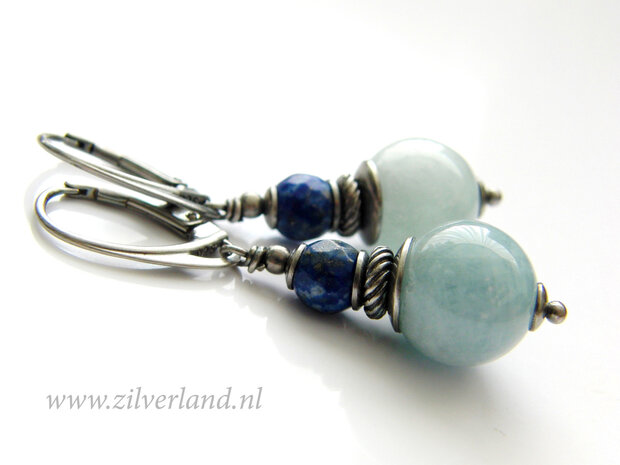 Handgemaakte Zilveren Oorbellen met Aquamarijn en Lapis Lazuli
