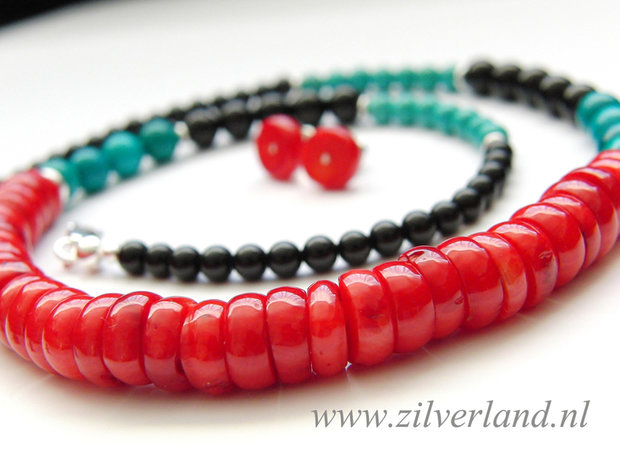 Zilveren Ketting en Oorstekers met Koraal, Turkoois en Onyx