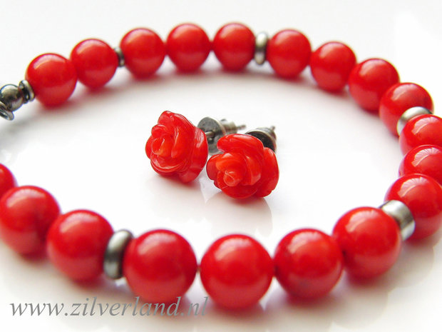 Sieraden Set- Zilveren Armband en Oorstekers met Koraal