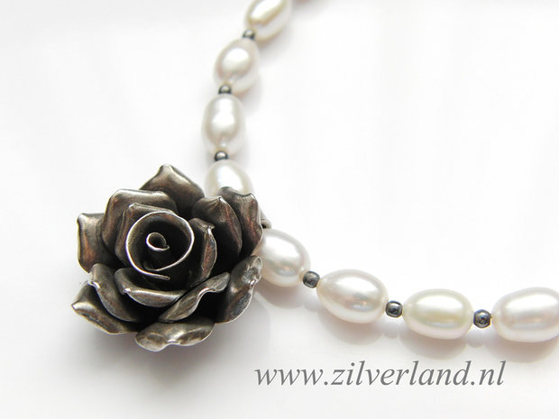 Sterling Zilveren Ketting met Zoetwaterparels "Roos"