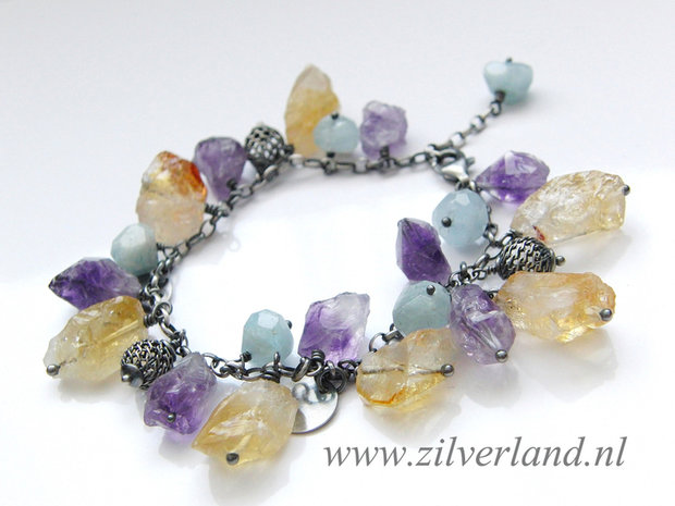 Edelstenen Armband met Ruwe Citrien, Amethist en Aquamarijn