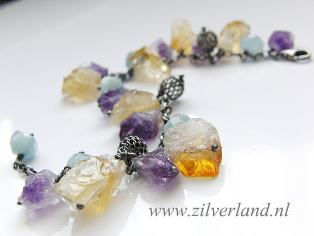 Edelstenen Armband met Ruwe Citrien, Amethist en Aquamarijn