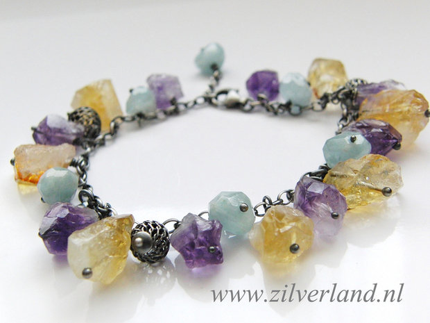Edelstenen Armband met Ruwe Citrien, Amethist en Aquamarijn
