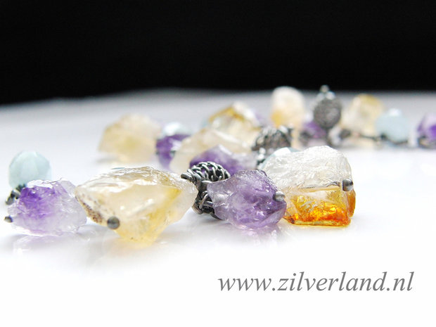 Edelstenen Armband met Ruwe Citrien, Amethist en Aquamarijn