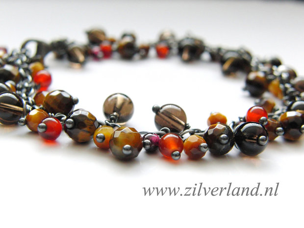 Edelstenen Armband met Tijgeroog, Rookkwarts, Carneool en Granaat
