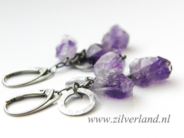 Zilveren Edelstenen Oorbellen met Ruwe Amethist