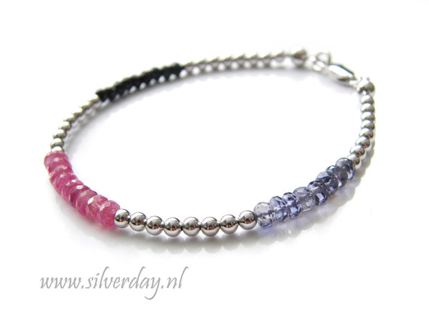 Sterling Zilveren Armband met Roze Saffier, Ioliet en Spinel- Gerhodineerd