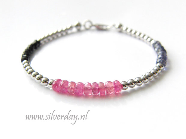 Sterling Zilveren Armband met Roze Saffier, Ioliet en Spinel- Gerhodineerd