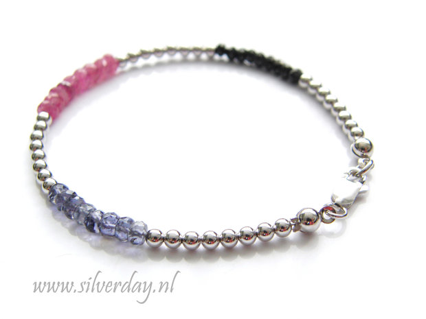 Sterling Zilveren Armband met Roze Saffier, Ioliet en Spinel- Gerhodineerd