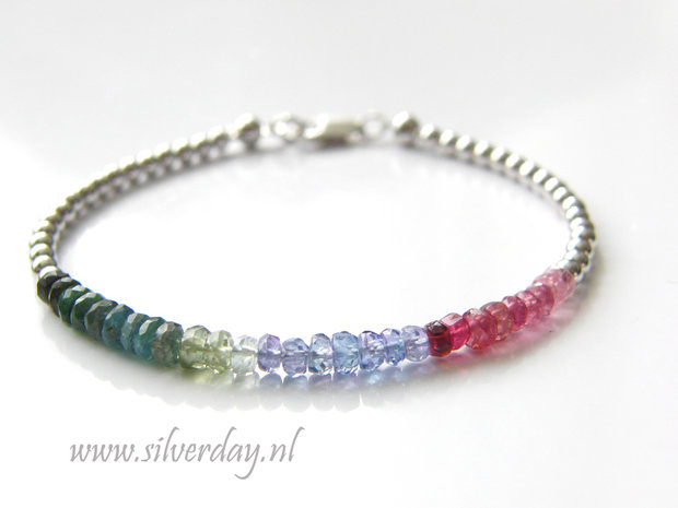 Sterling Zilveren Armband met Toermalijn en Tanzaniet- Gerhodineerd