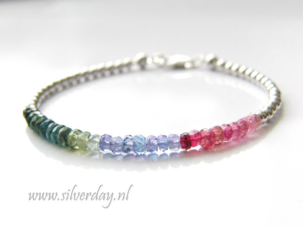 Sterling Zilveren Armband met Toermalijn en Tanzaniet- Gerhodineerd