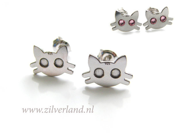 Sterling Zilveren Oorstekers- Katten Gerhodineerd